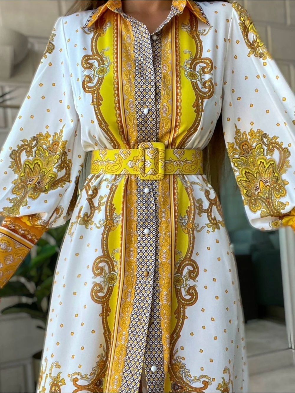 White and Yellow Printed Maxi Shirt Dress with Matching Belt Size 6 - Picture 2 of 16